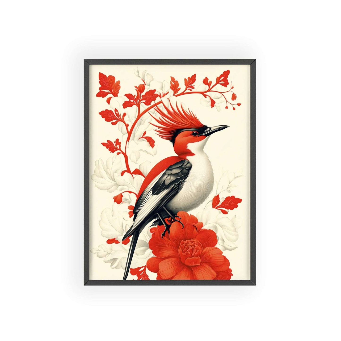 Framed poster featuring a stylized hoopoe surrounded by red flowers