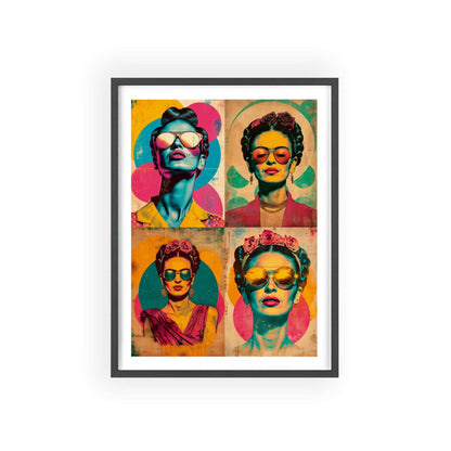 Framed poster featuring a four-panel pop art collage of Frida Kahlo in various poses. Each panel depicts Frida with sunglasses, flowers, and bold outlines against a colorful background. The artwork uses focus stacking and neopop iconography, creating a dynamic composition.