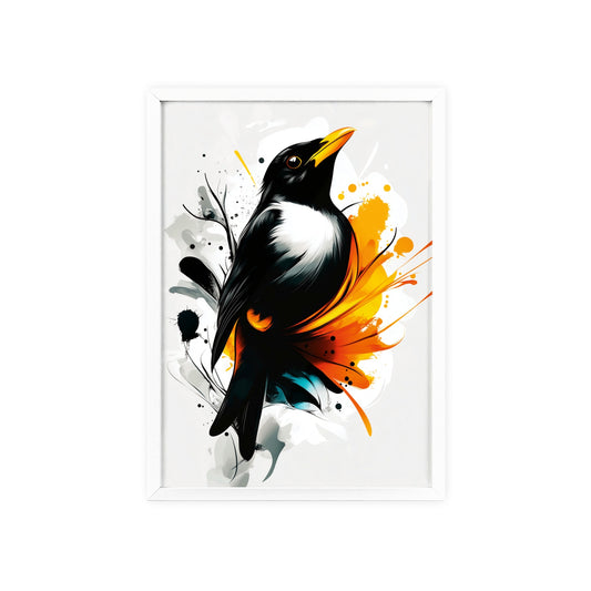 Colorful digital illustration of a mystical backbird with geometric shapes and vibrant hues, part of the Mystical Beasts Collection framed poster series