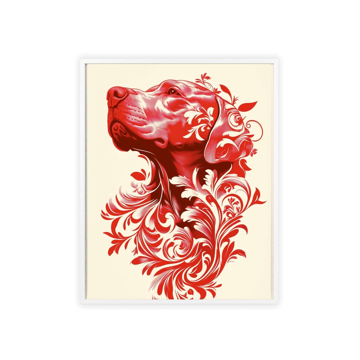 Framed poster showcasing a stylized hound surrounded by vibrant red flowers