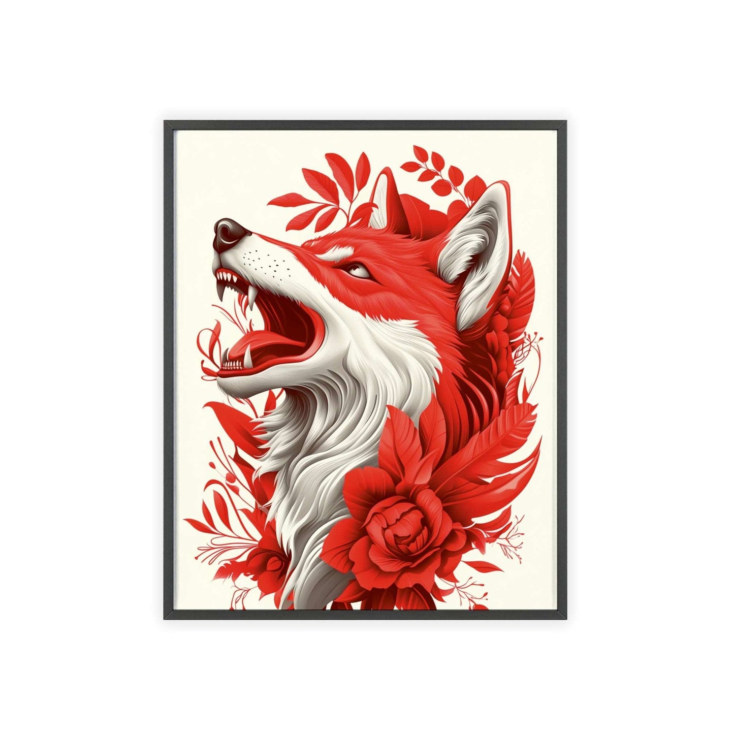 Framed poster of a stylized wolf amidst vibrant red flowers.