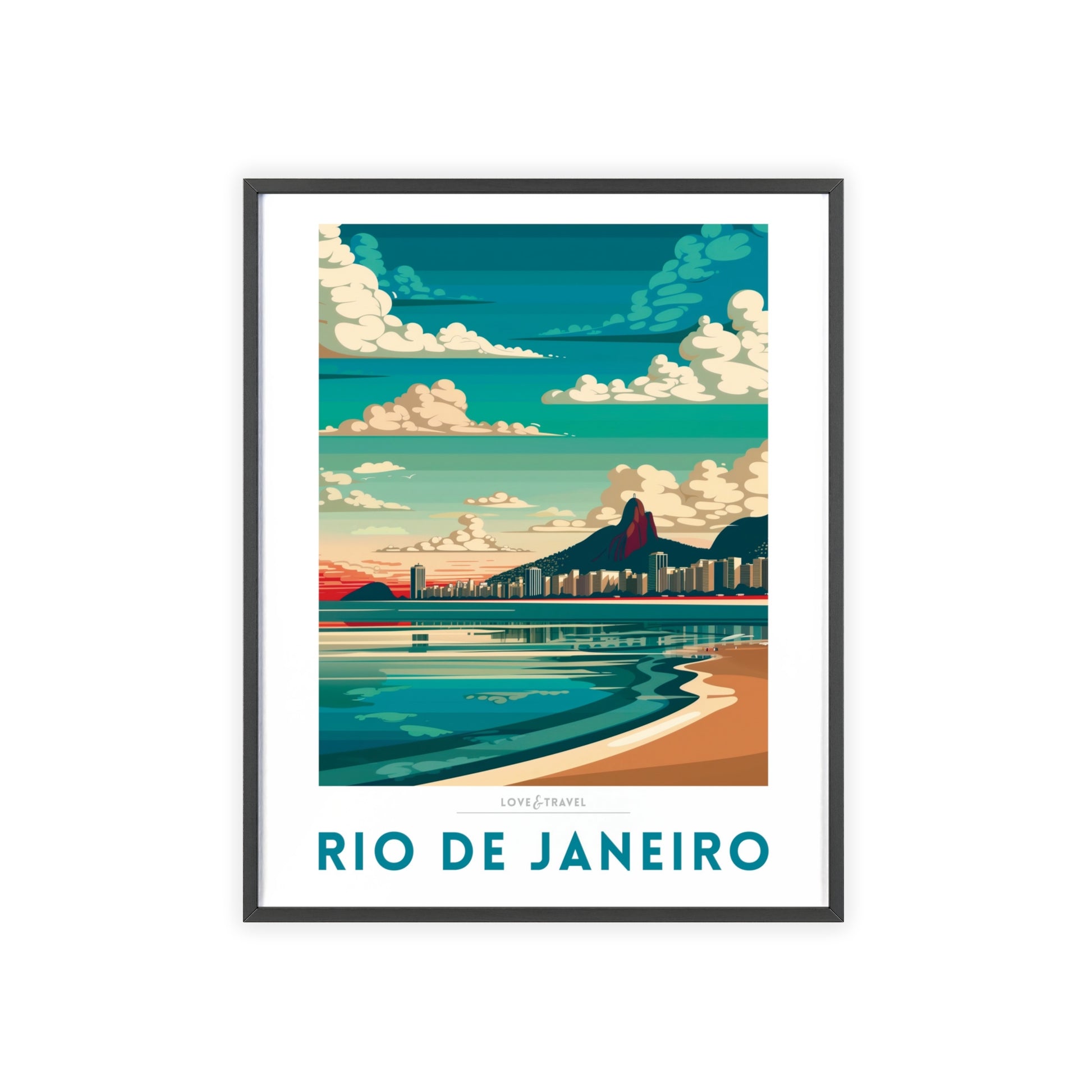 Travel poster of Rio de Janeiro featuring iconic landmarks like Ipanema Beach, capturing the vibrant spirit and beauty of the city.