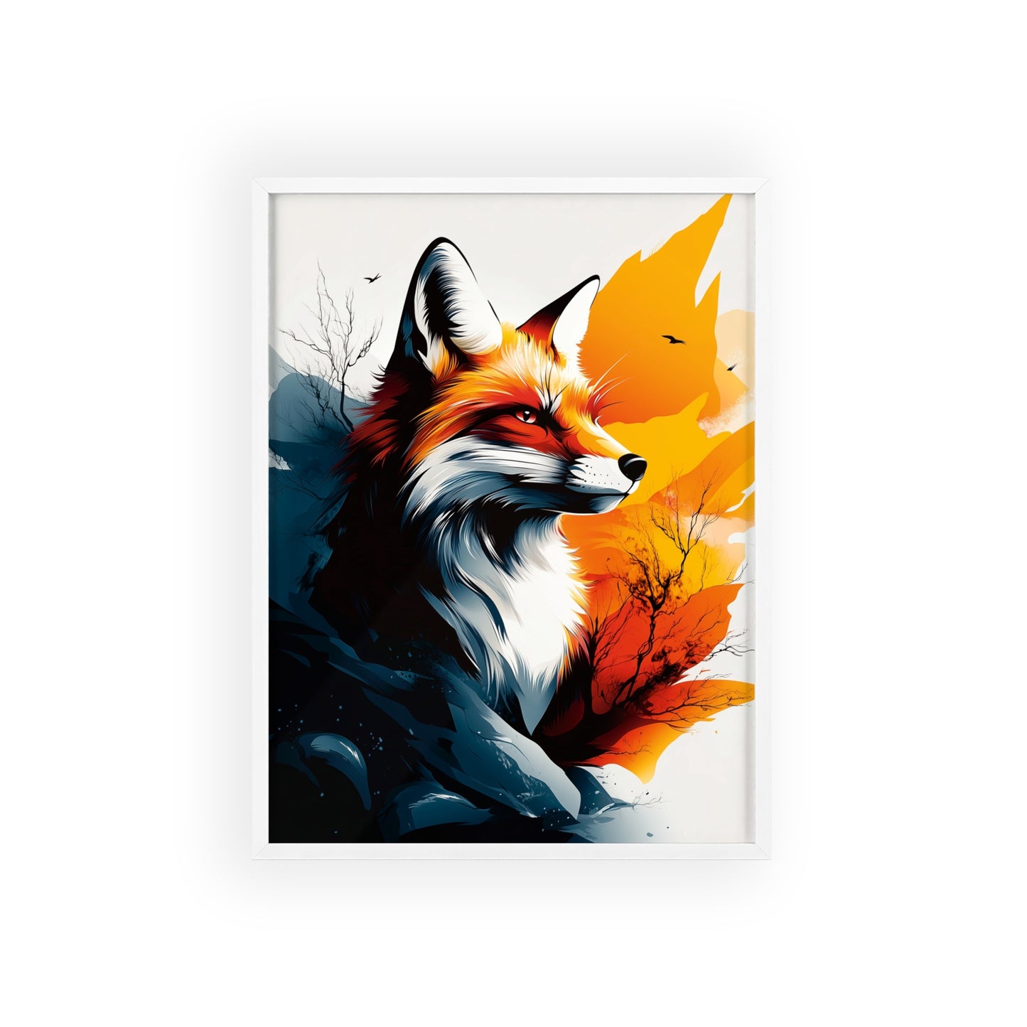 Vibrant digital illustration of a mystical fox featuring geometric shapes and bold colors, part of the Mystical Beasts Collection framed poster series.