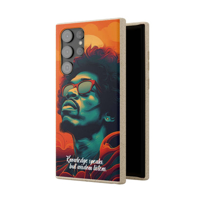 Stylish biodegradable phone case featuring Jimi Hendrix's quote "Knowledge speaks, but Wisdom listens" in an artistic design.