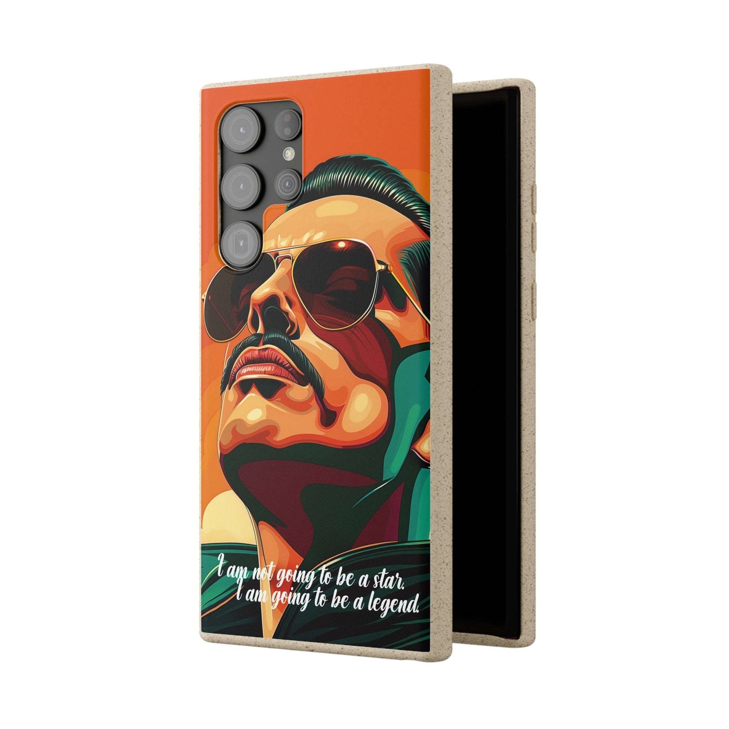 Biodegradable phone case with Freddie Mercury portrait and quote "I'm not going to be a star, I'm going to be a legend".