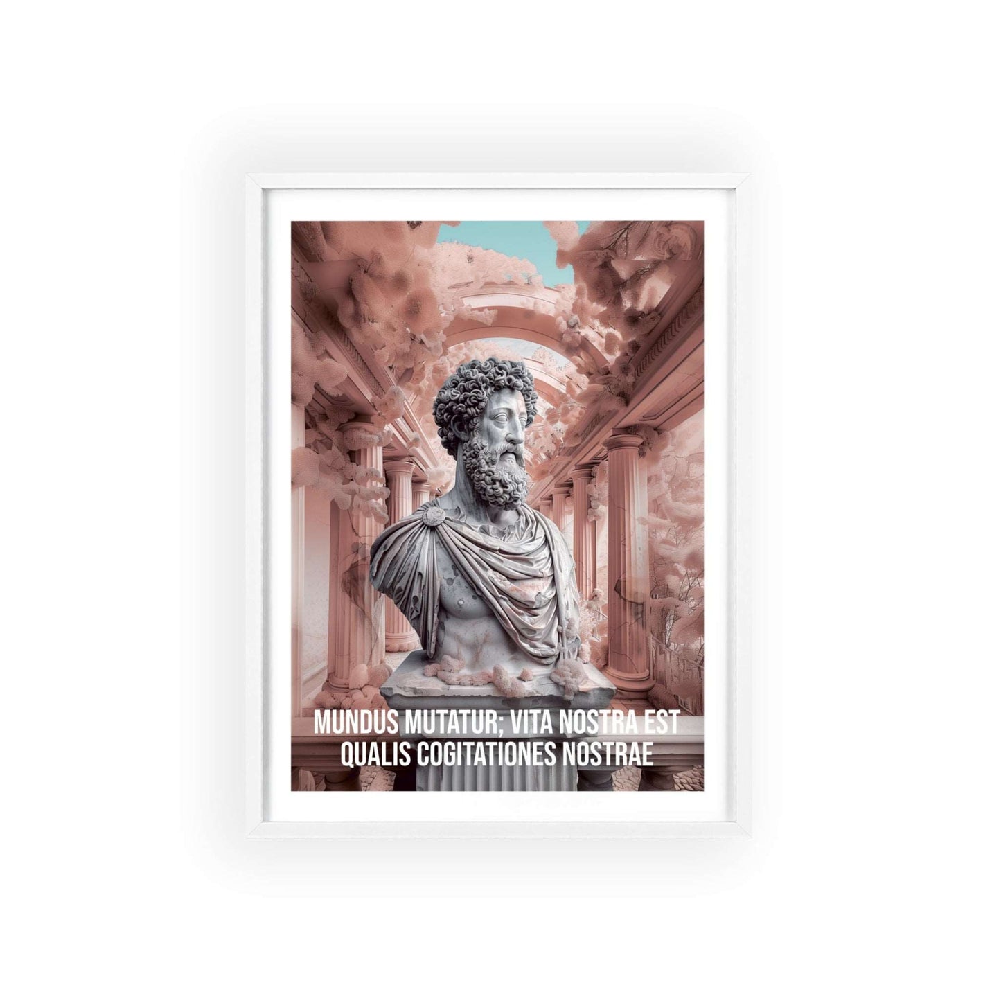 Surreal minimalist art print featuring Marcus Aurelius with Latin quote on the power of thoughts shaping our life amidst a changing world