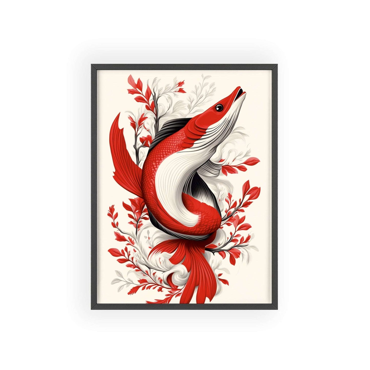 Framed poster of a stylized pike surrounded by vibrant red flowers