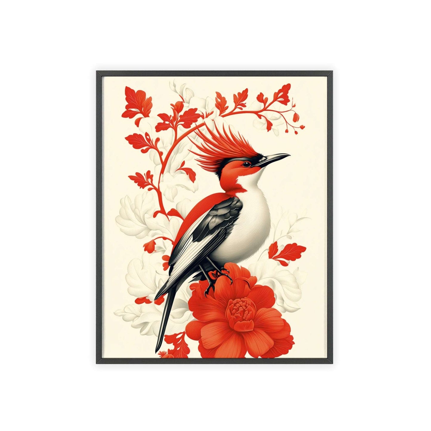 Framed poster featuring a stylized hoopoe surrounded by red flowers