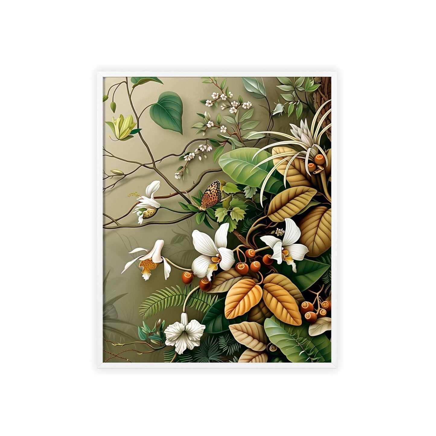 Vintage-style framed poster featuring intricate orchid blooms with delicate petals and stems