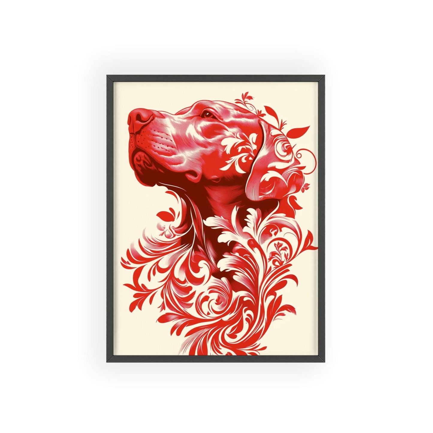 Framed poster showcasing a stylized hound surrounded by vibrant red flowers