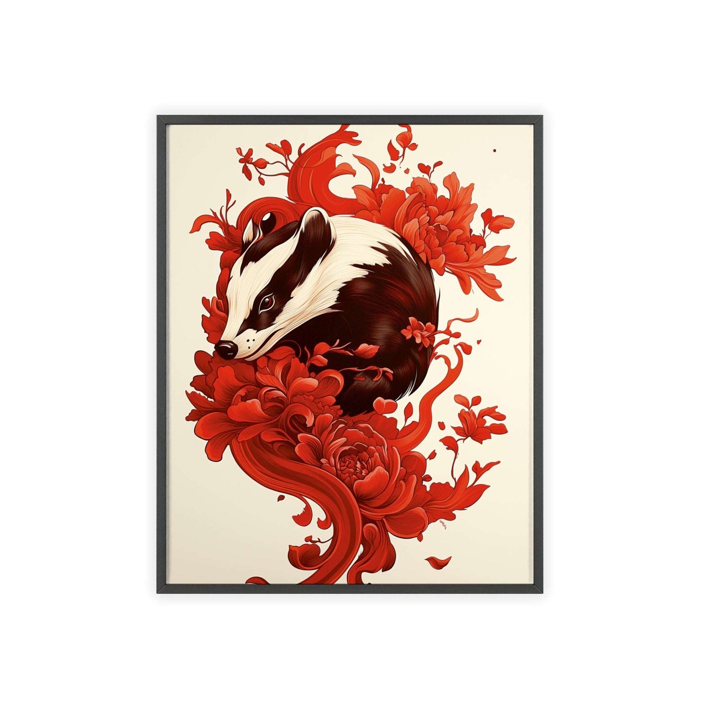 Framed poster of a stylized badger surrounded by red flowers