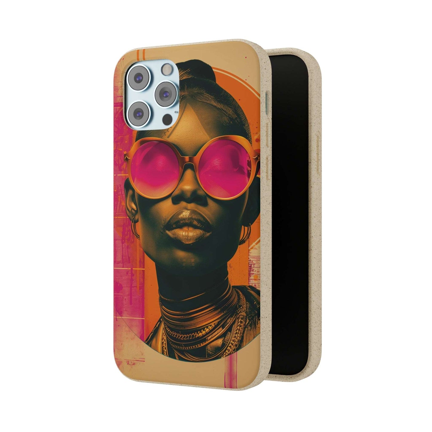 Lagos-inspired phone case with bold African motifs and biodegradable materials, compatible with iPhone and Samsung models.