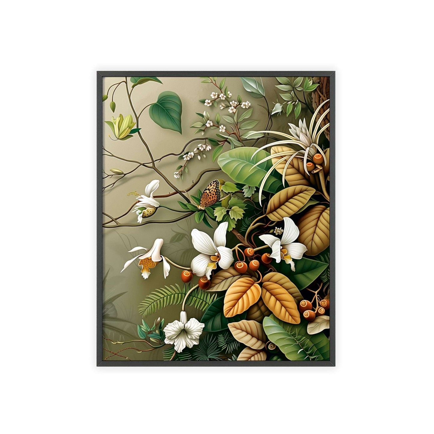 Vintage-style framed poster featuring intricate orchid blooms with delicate petals and stems