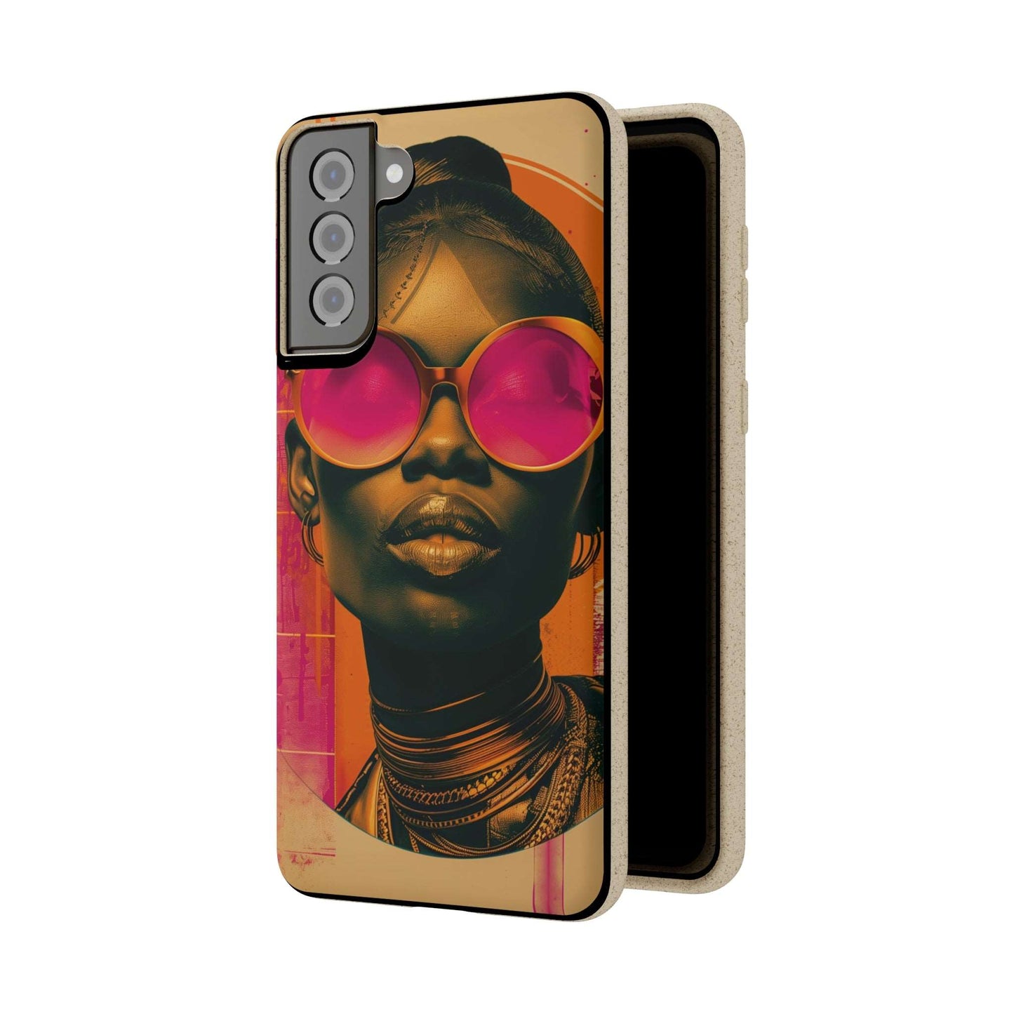 Lagos-inspired phone case with bold African motifs and biodegradable materials, compatible with iPhone and Samsung models.