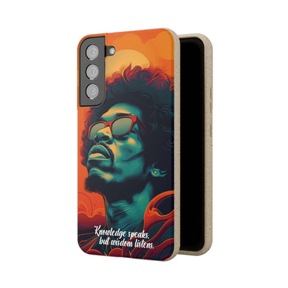 Stylish biodegradable phone case featuring Jimi Hendrix's quote "Knowledge speaks, but Wisdom listens" in an artistic design.