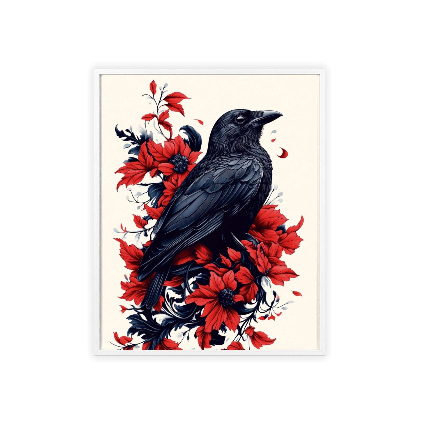 Framed poster of a stylized crow amidst vibrant red flowers.