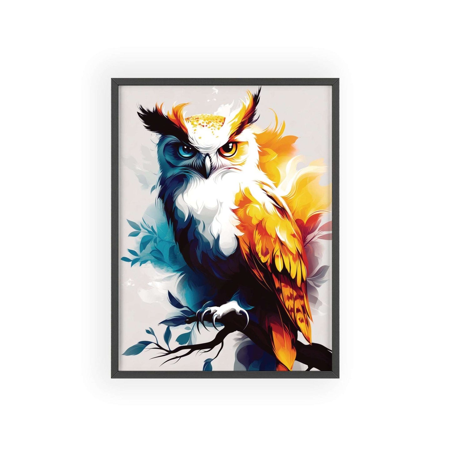 Framed Mystical Pop poster featuring a colorful and bold digital illustration of an owl.