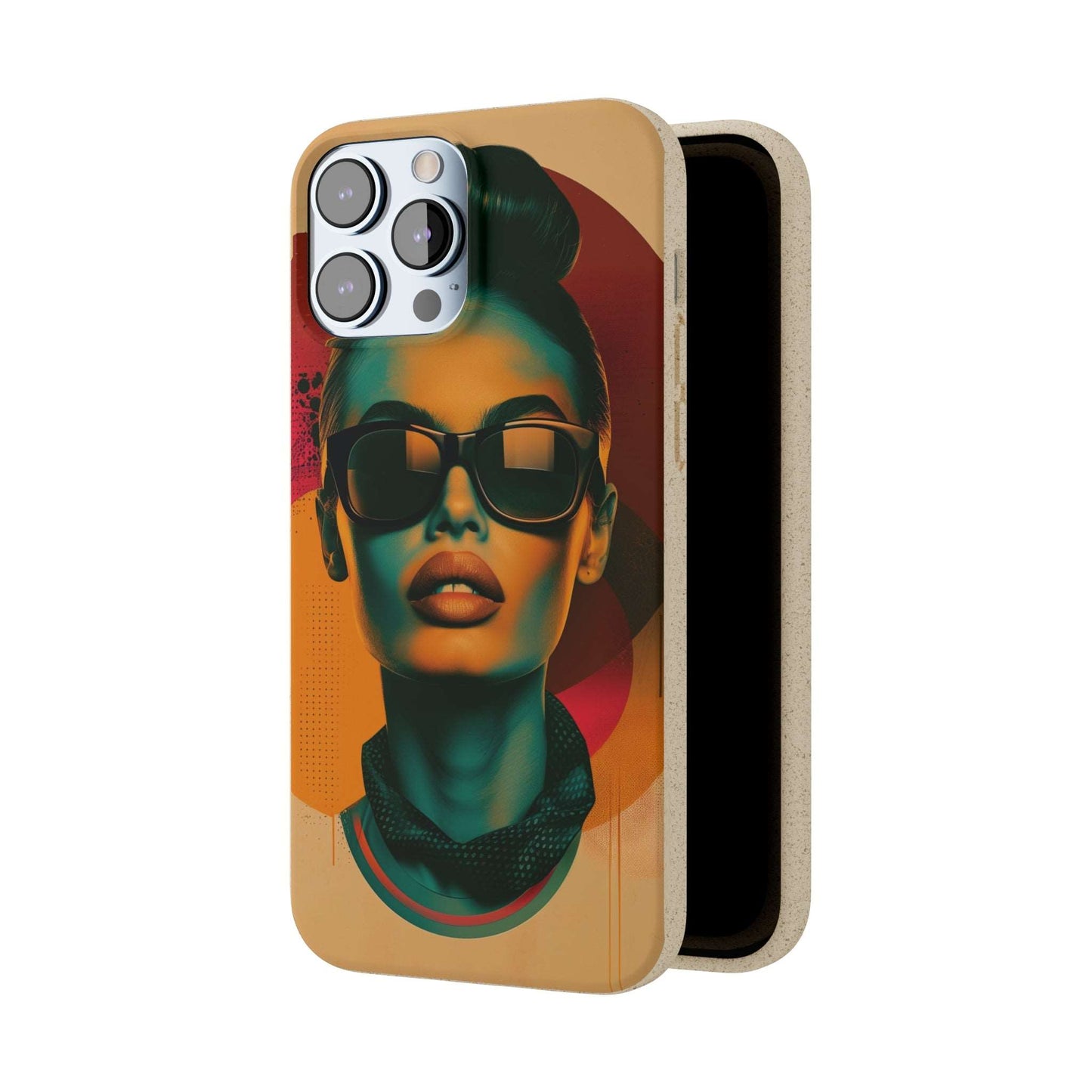 Madrid-themed phone case with a vibrant retro portrait design in biodegradable materials, compatible with iPhone and Samsung.