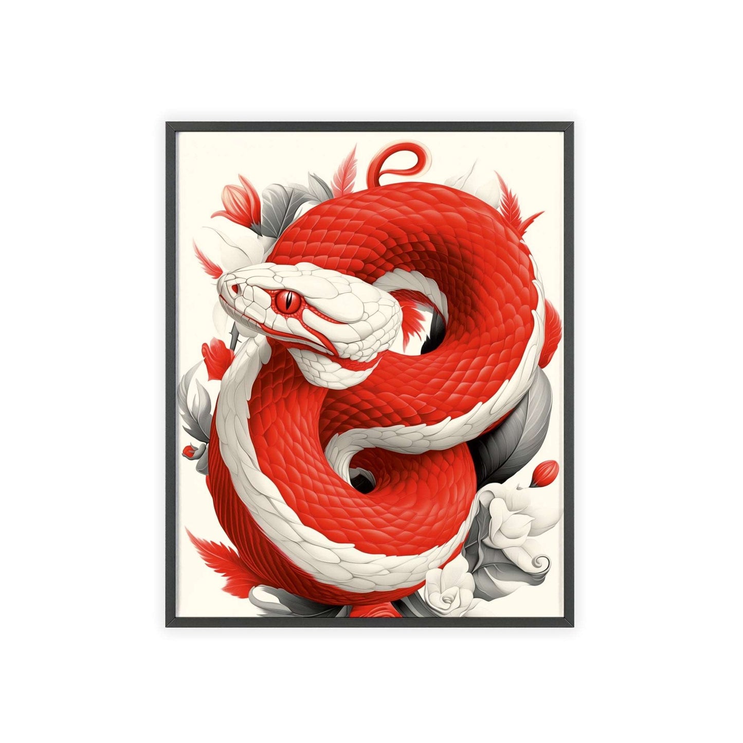 Framed poster featuring a stylized viper among vibrant red flowers.