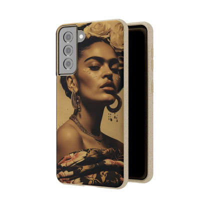 Biodegradable phone case with Frida Kahlo's Cancun 1927 portrait in vintage style.