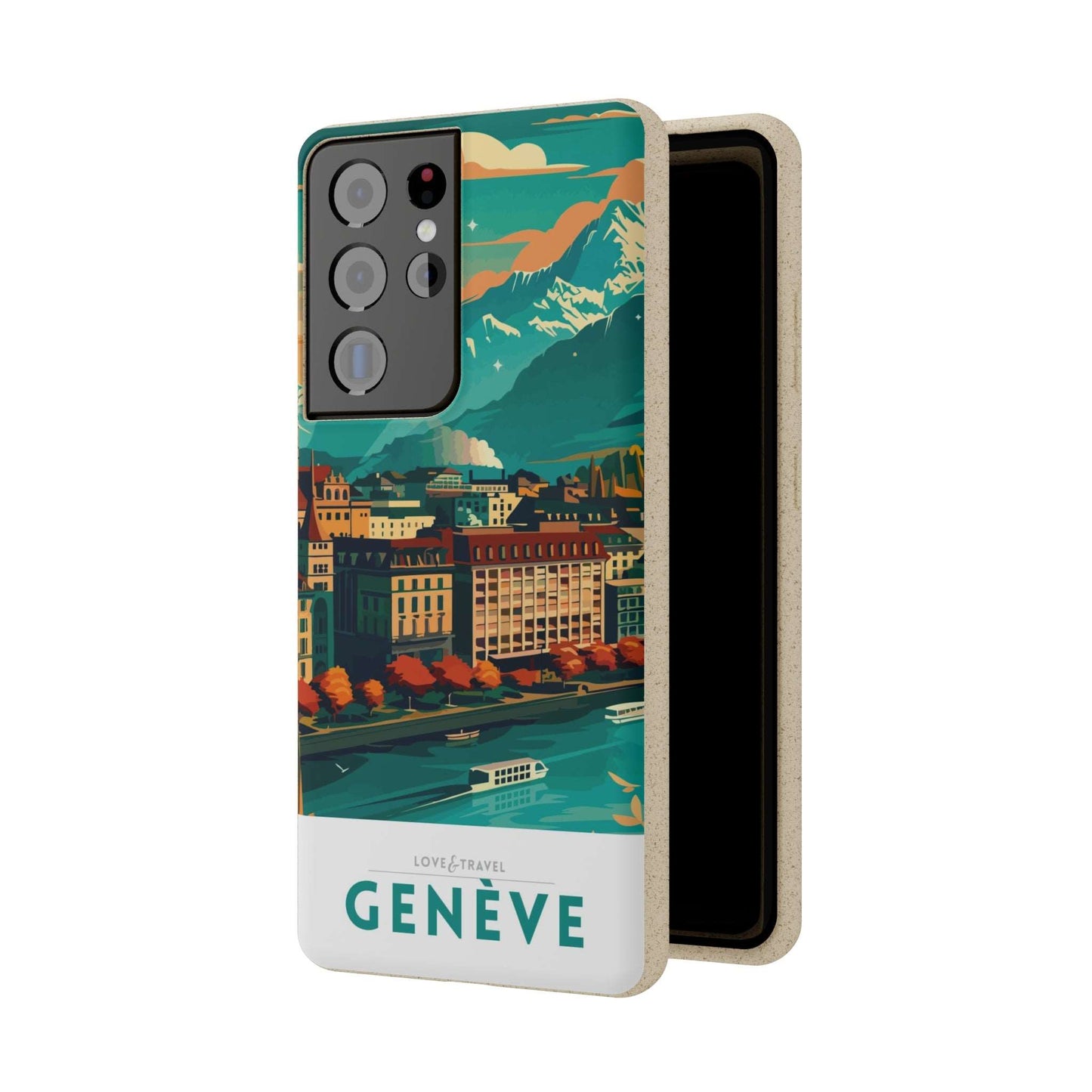 Colorful biodegradable phone case featuring a stylized travel poster design of Geneva, Switzerland.