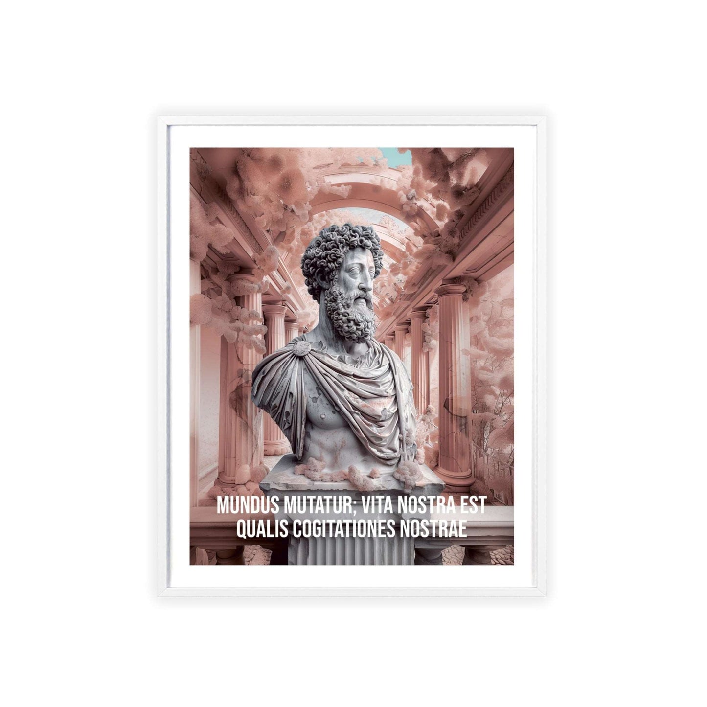 Surreal minimalist art print featuring Marcus Aurelius with Latin quote on the power of thoughts shaping our life amidst a changing world