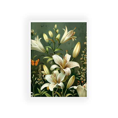 Vintage-style framed poster featuring graceful lily blooms in soft, elegant hues