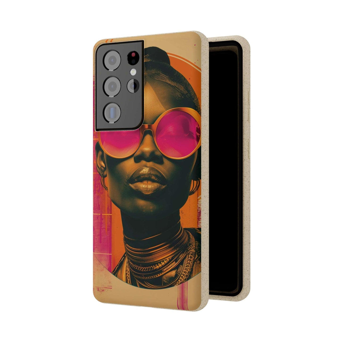 Lagos-inspired phone case with bold African motifs and biodegradable materials, compatible with iPhone and Samsung models.