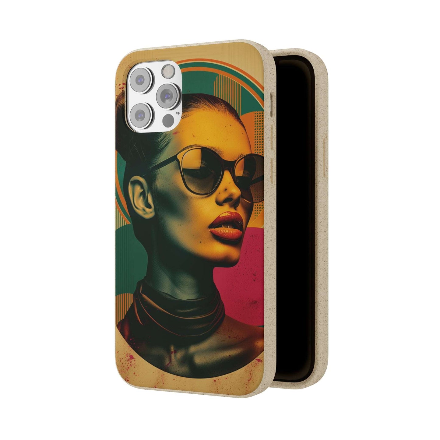 Rome-inspired biodegradable phone case with Mediterranean hues and a retro portrait, compatible with iPhone and Samsung models.