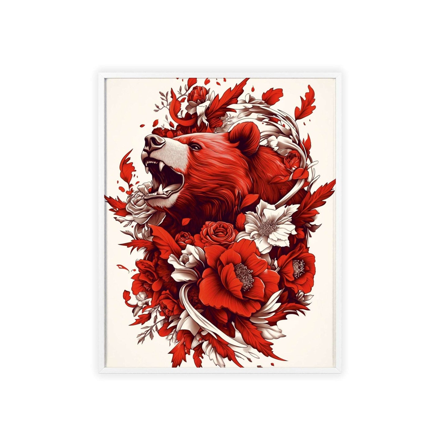 Framed poster of a stylized bear surrounded by red flowers