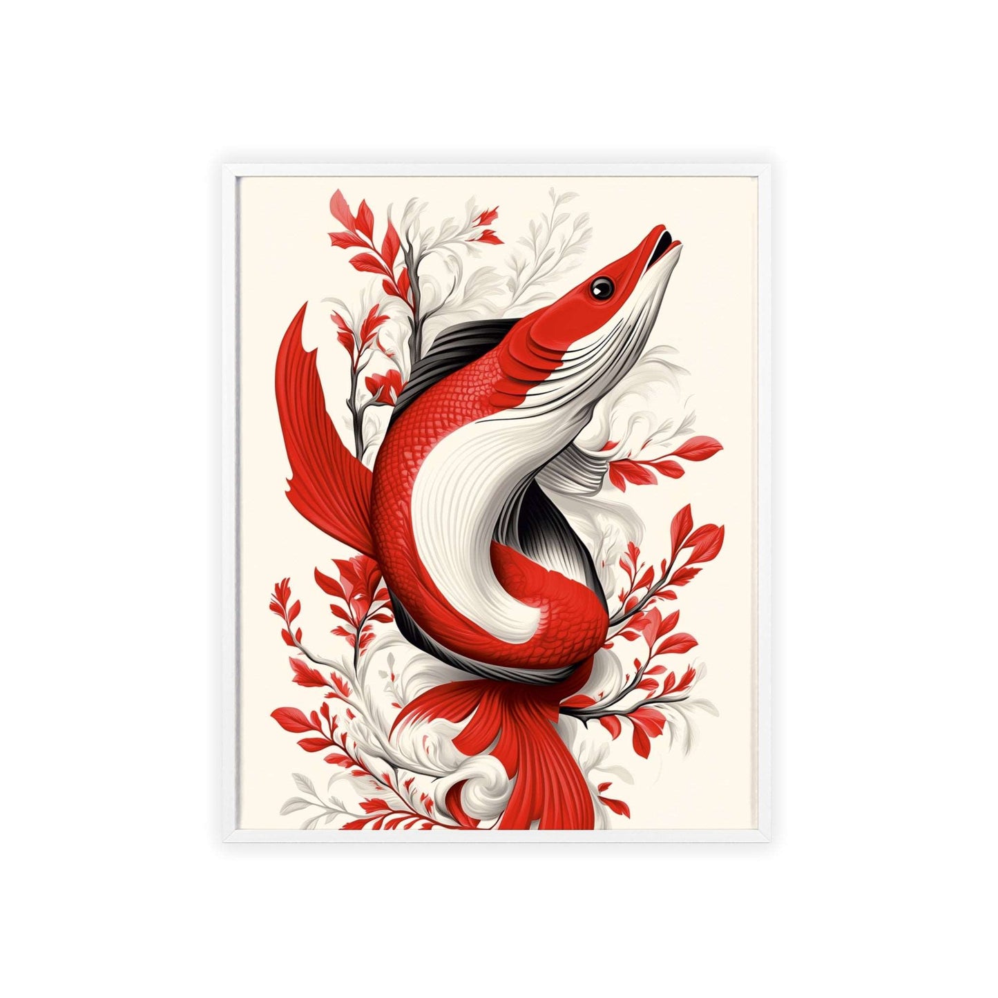 Framed poster of a stylized pike surrounded by vibrant red flowers