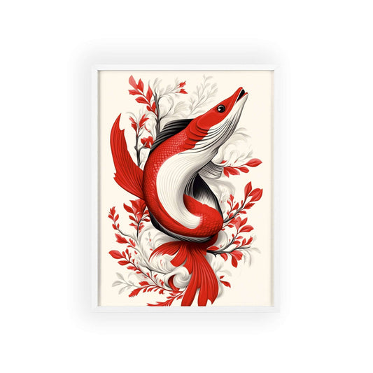 Framed poster of a stylized pike surrounded by vibrant red flowers