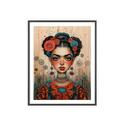 Framed poster titled "Frida in the Timeless Metaverse - Portrait". The poster depicts Frida Kahlo in a style reminiscent of Mab Graves and Klimt