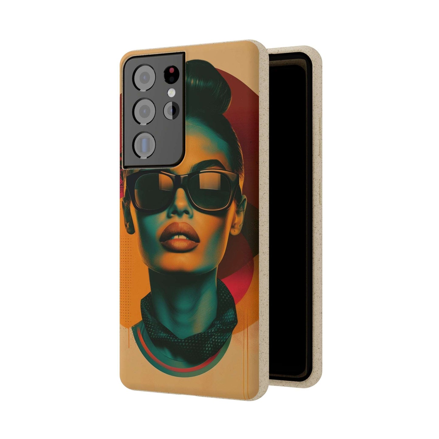 Madrid-themed phone case with a vibrant retro portrait design in biodegradable materials, compatible with iPhone and Samsung.