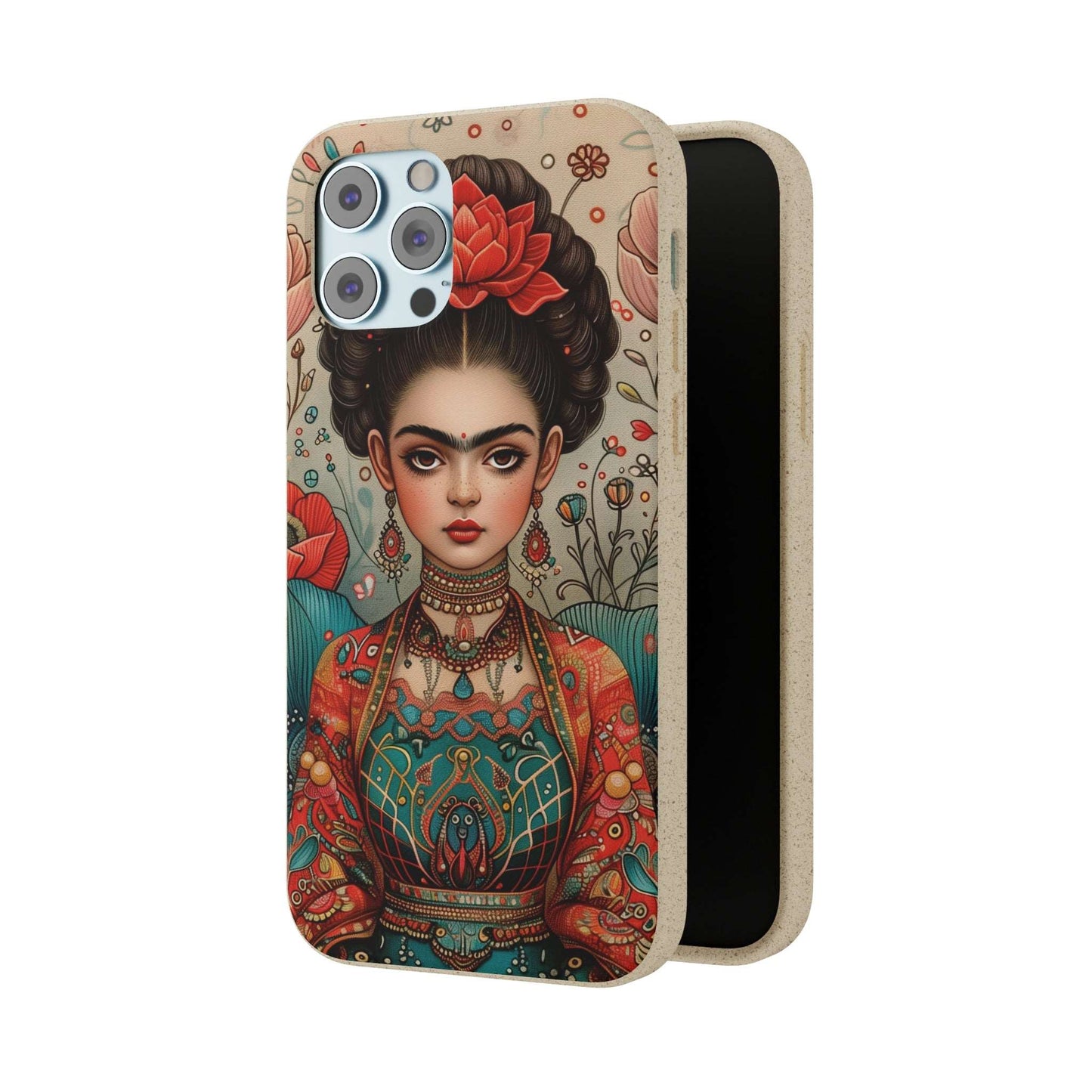 Artistic biodegradable phone case featuring a young Frida Kahlo in meditation, rendered in a modern style