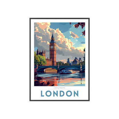 Elegant travel poster of London, showcasing iconic landmarks like Big Ben and the London Eye, perfect for adding a touch of nostalgia and sophistication to any home decor