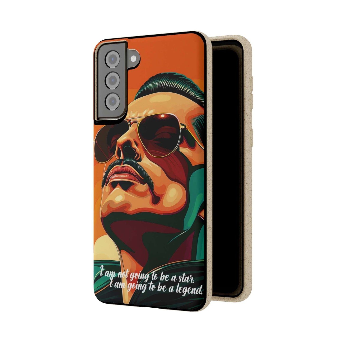 Biodegradable phone case with Freddie Mercury portrait and quote "I'm not going to be a star, I'm going to be a legend".