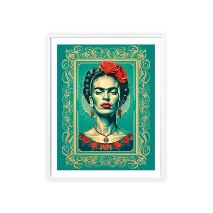 Framed portrait poster of Frida Kahlo in a modern vector design. Her features are rendered in gold, with aquamarine accents. The background is aquamarine.