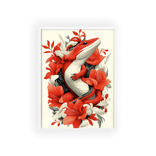 Framed poster of a stylized lizard surrounded by red flowers