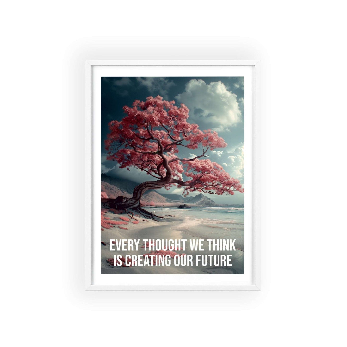 Surreal minimalist art print featuring a solitary tree on a lake shore, with Louise Hay quote "Every thought we think is creating our future"