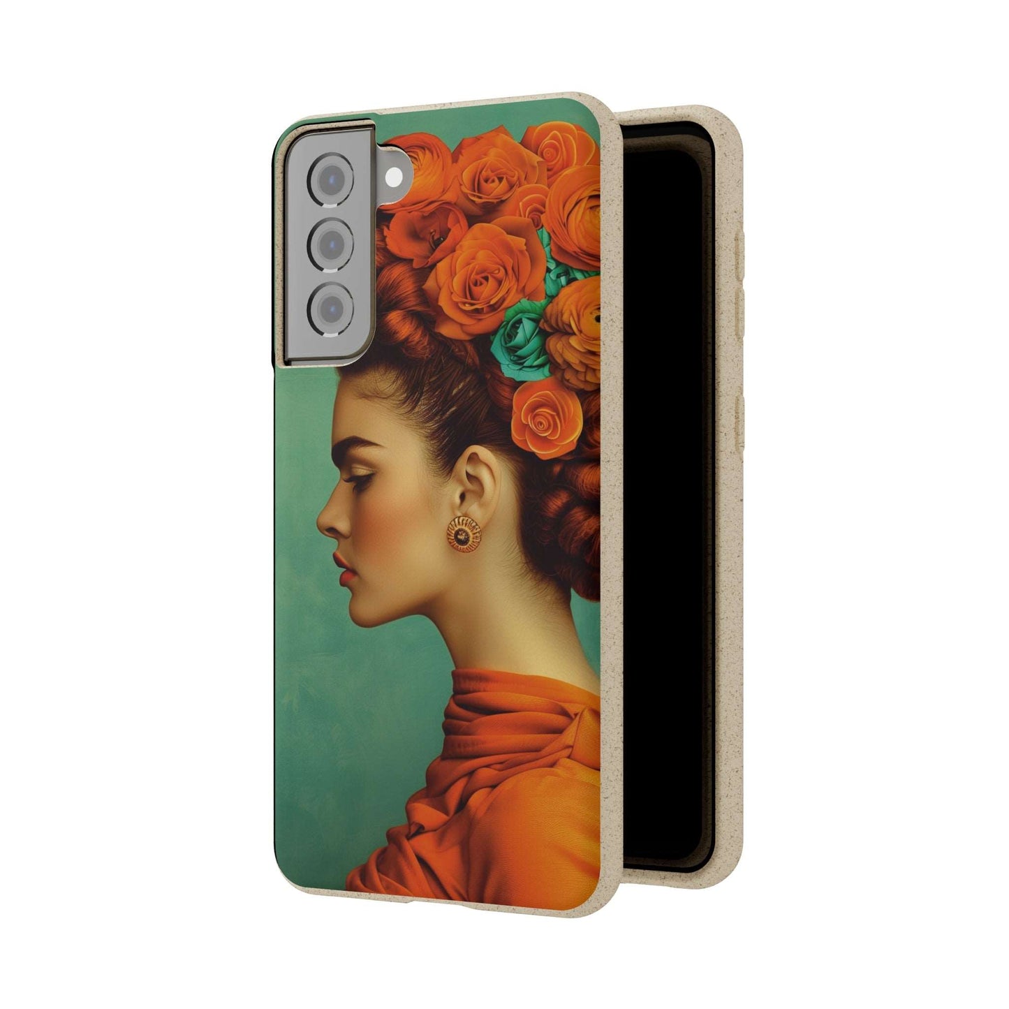 Vibrant orange biodegradable phone case featuring a stylized portrait of Frida Kahlo with aquamarine accents.