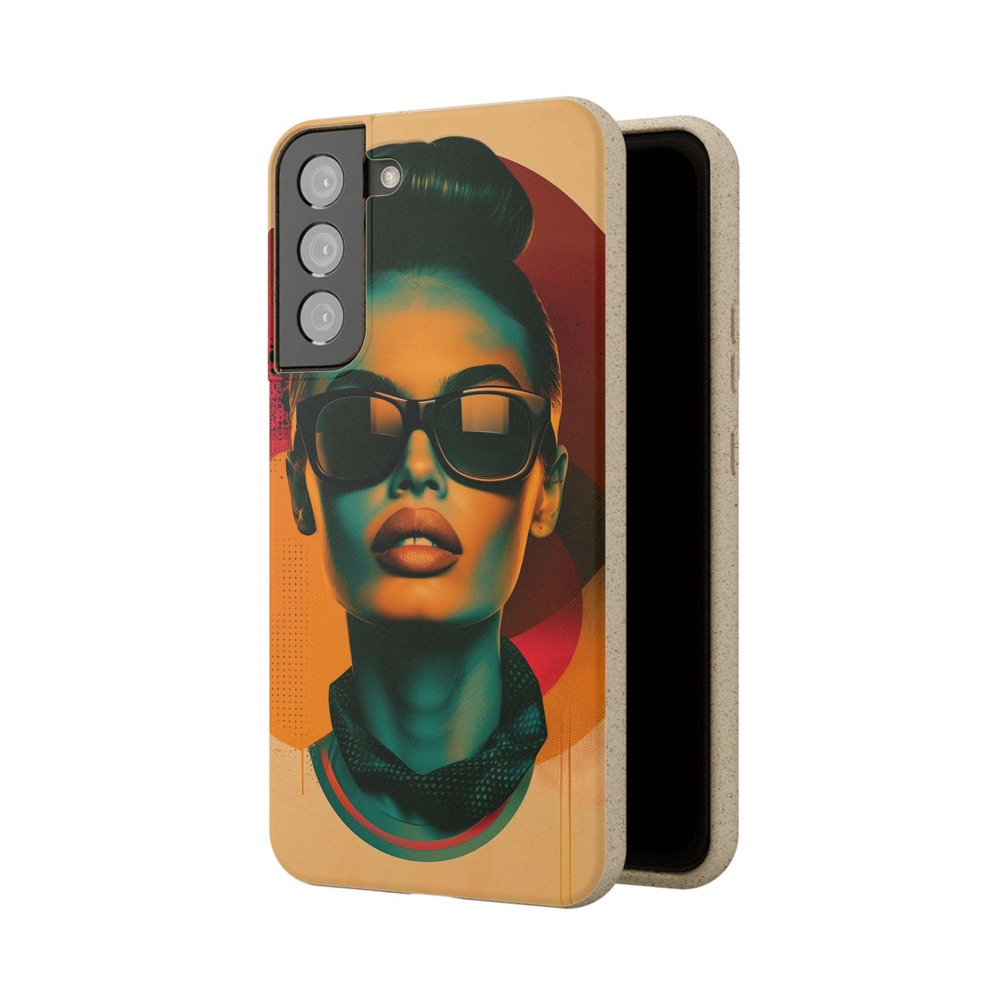 Madrid-themed phone case with a vibrant retro portrait design in biodegradable materials, compatible with iPhone and Samsung.