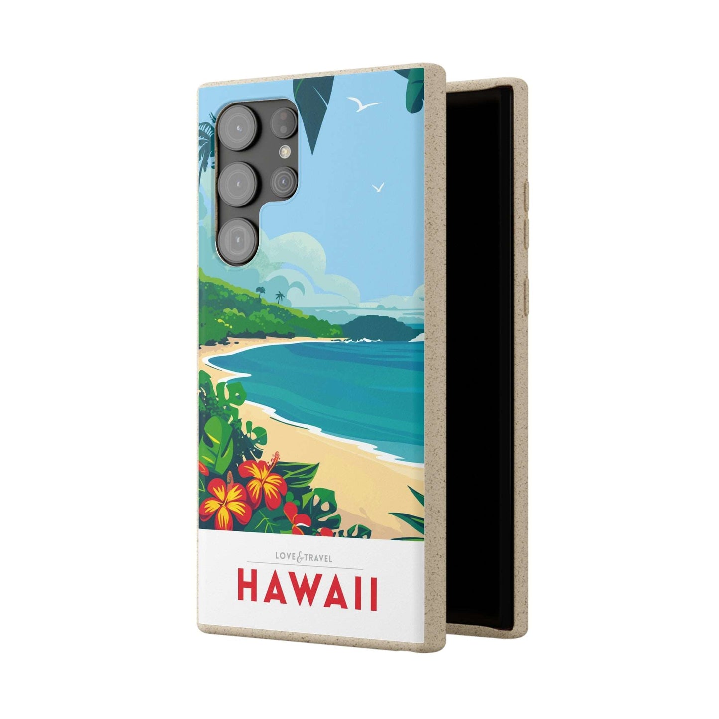 Vibrant biodegradable phone case featuring a colorful Hawaii-inspired travel poster design.