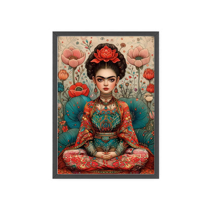 Framed poster featuring a young Frida Kahlo in a meditative pose. She is depicted in a modern vector design with a muted color palette.