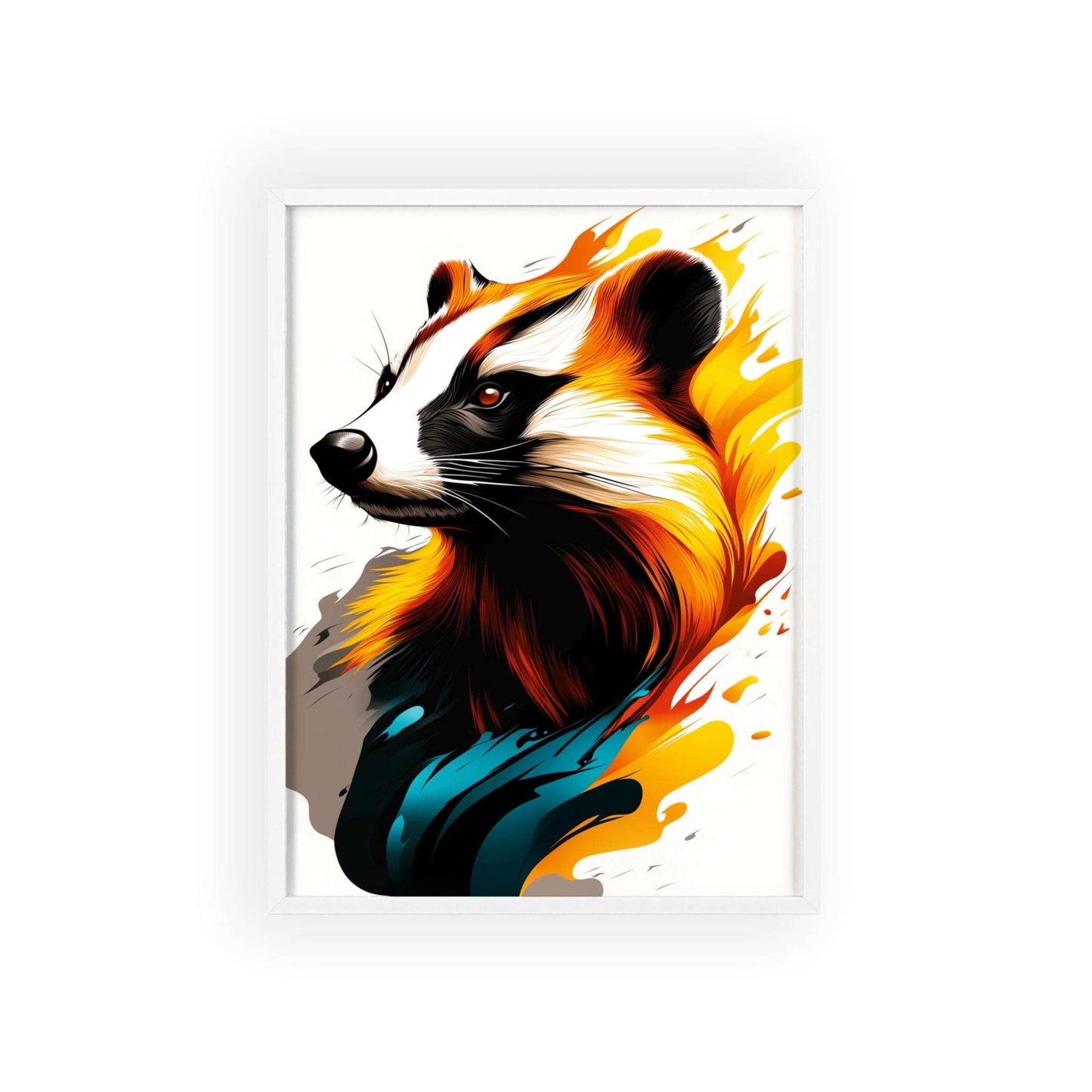 Colorful pop art-style poster of a badger with geometric shapes and vibrant hues from the Mystical Beasts Collection