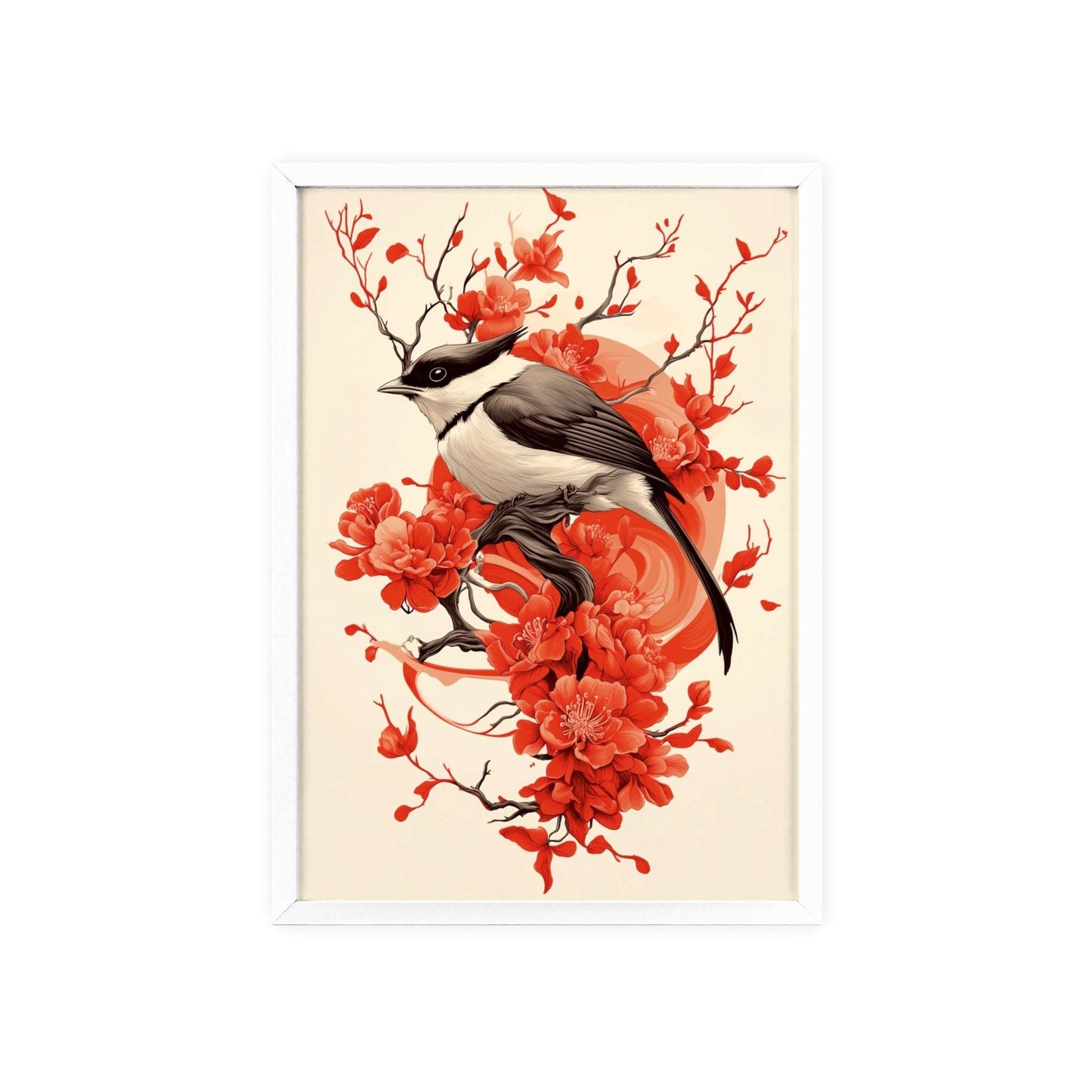 Framed poster depicting a stylized jay surrounded by red flowers