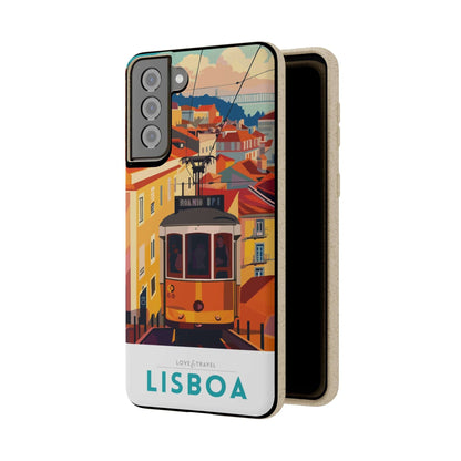 Colorful biodegradable phone case featuring a stylized travel poster design of Lisbon, Portugal.