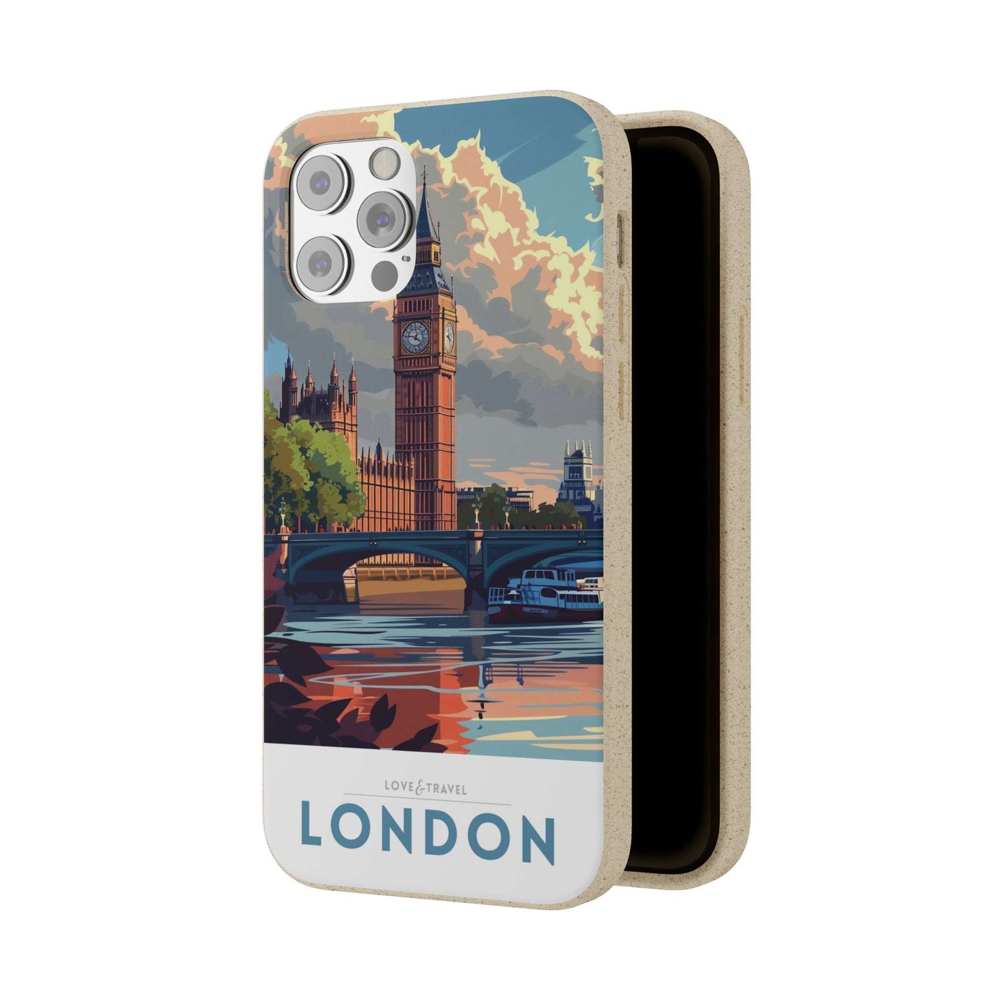 Stylish biodegradable phone case featuring a minimalist London-themed travel poster design.