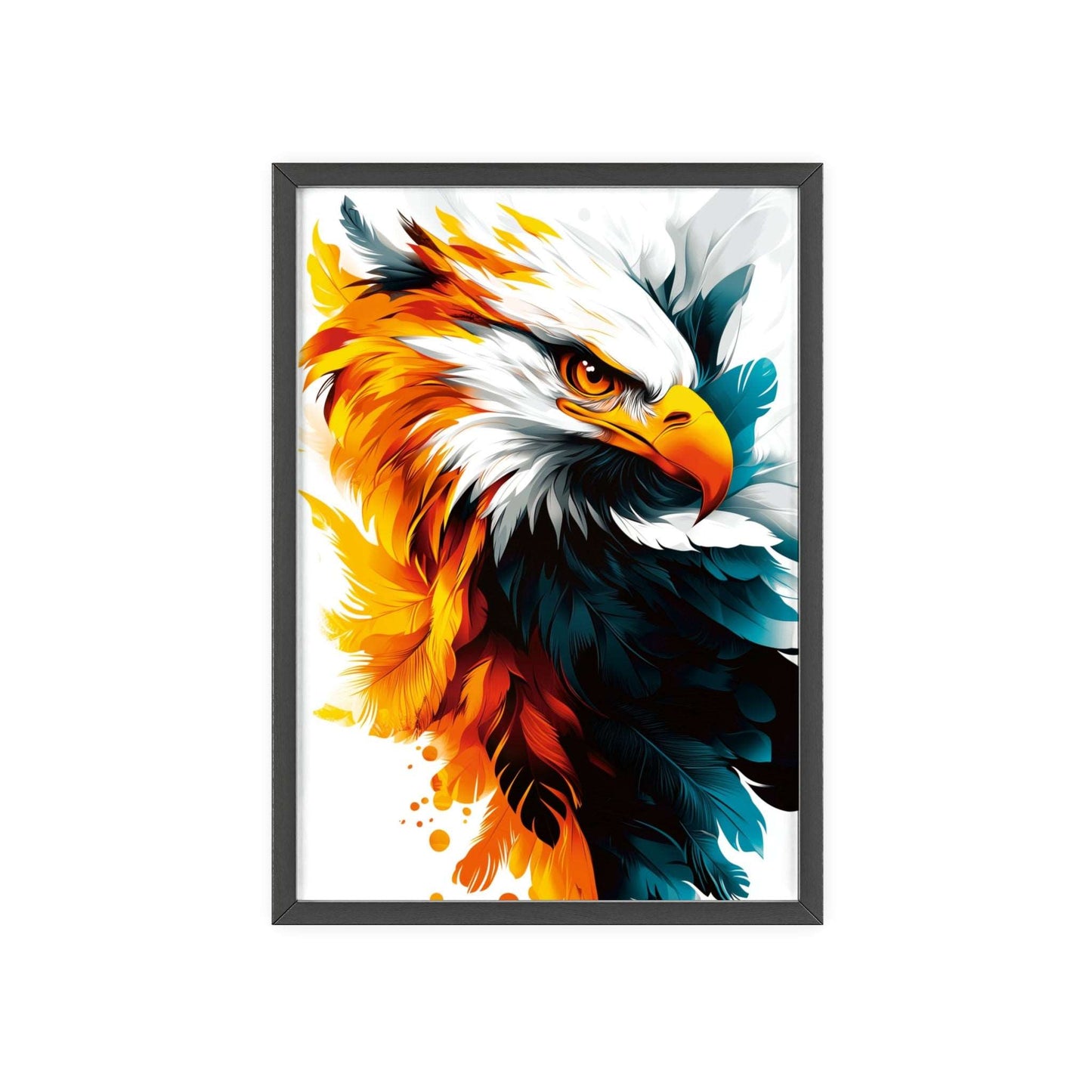 Striking digital illustration of a mystical eagle with geometric shapes and vibrant colors, part of the Mystical Beasts Collection framed poster series.