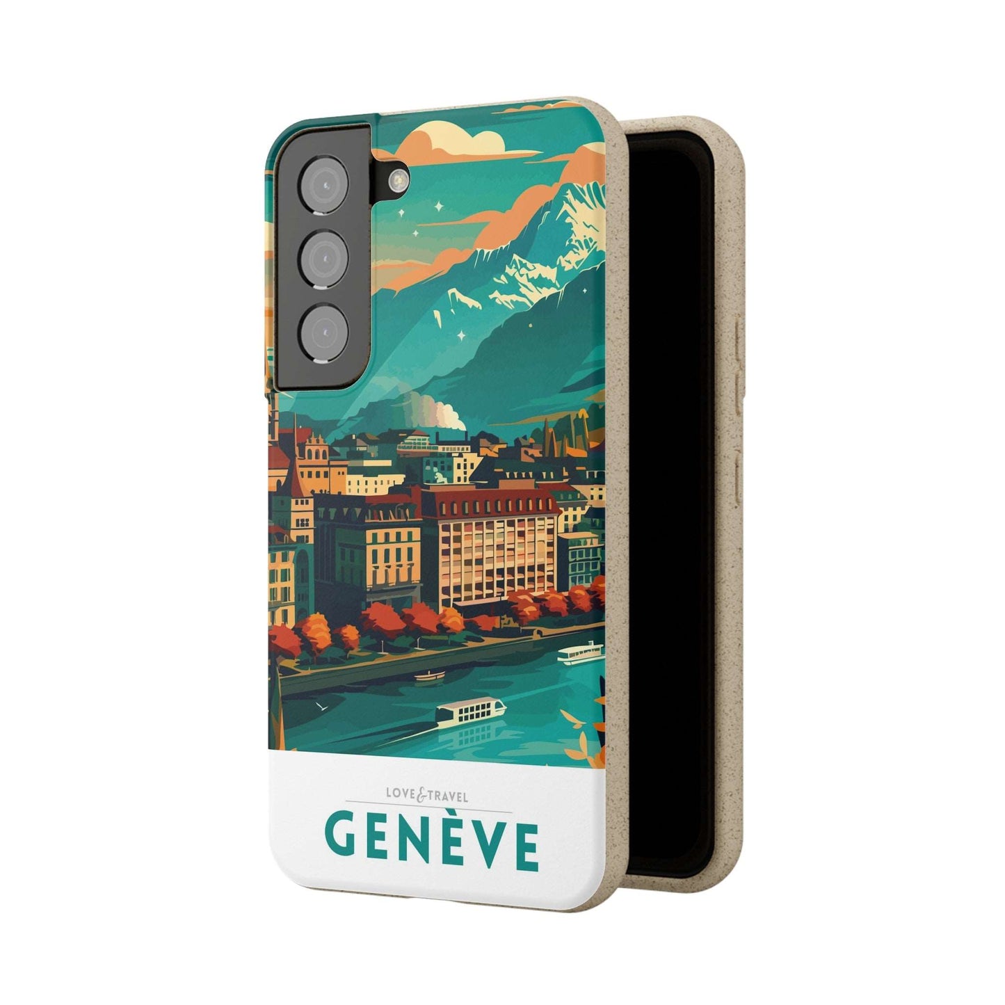 Colorful biodegradable phone case featuring a stylized travel poster design of Geneva, Switzerland.